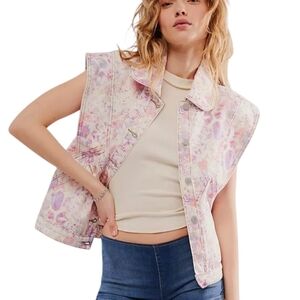 Free People x Driftwood Shane Sweet Romeo Floral Cream Pink Denim Vest Large NWT